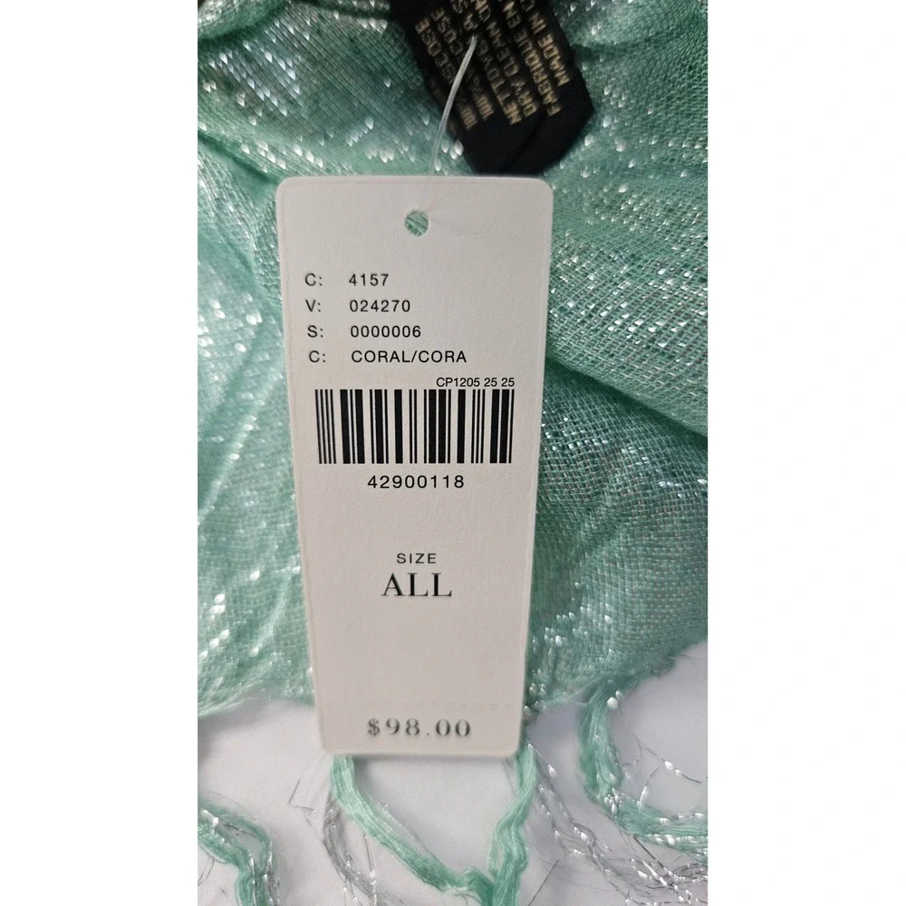 Anthropologie Ombre Pleated Metallic Wrap Shawl Coral Green Fringe One Size NWT
